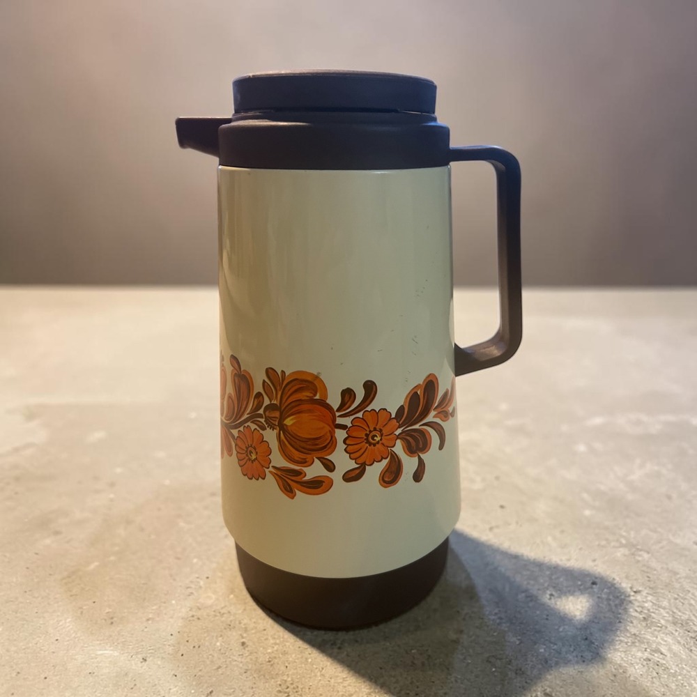 Vintage Phoenix Thermal Carafe Insulated Floral Coffee Pitcher Brown Orange 70s